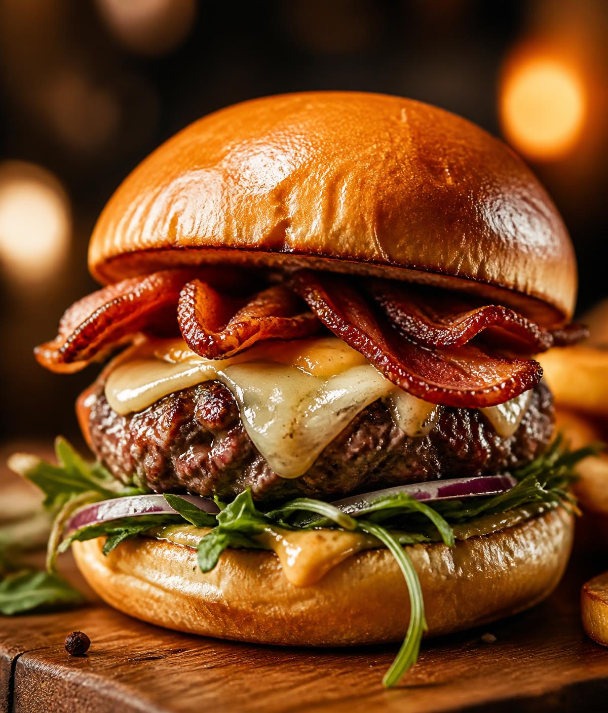 Burger artisanal généreux avec fromage fondant, bacon croustillant et roquette fraîche